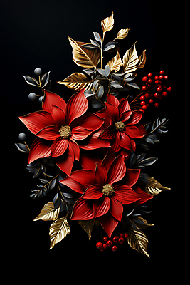 JPG 편집이미지 열매 백그라운드 잎 겨울 사람없음 빨간색 검은색 디지털합성 포인세티아 편집실사 AI포토 AI콘텐츠 식물 계절 꽃 컬러 CG 파일형식