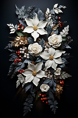 JPG 편집이미지 열매 백그라운드 잎 겨울 사람없음 검은색 흰색 디지털합성 포인세티아 편집실사 AI포토 AI콘텐츠 식물 계절 꽃 컬러 CG 파일형식