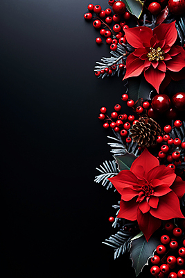 JPG 편집이미지 열매 잎 겨울 사람없음 빨간색 검은색 디지털합성 솔방울 포인세티아 카피스페이스 편집실사 AI포토 AI콘텐츠 식물 계절 꽃 컬러 공백 CG 파일형식