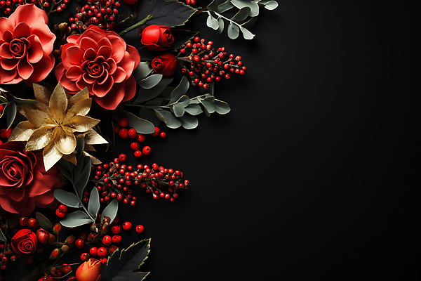 JPG 편집이미지 열매 잎 겨울 사람없음 빨간색 장미 검은색 디지털합성 포인세티아 카피스페이스 편집실사 AI포토 AI콘텐츠 식물 계절 꽃 컬러 공백 CG 파일형식