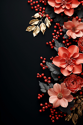 JPG 편집이미지 열매 잎 겨울 사람없음 검은색 디지털합성 포인세티아 다홍색 카피스페이스 편집실사 AI포토 AI콘텐츠 식물 계절 꽃 컬러 공백 CG 파일형식