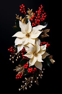 JPG 편집이미지 열매 백그라운드 잎 겨울 사람없음 검은색 흰색 디지털합성 포인세티아 편집실사 AI포토 AI콘텐츠 식물 계절 꽃 컬러 CG 파일형식