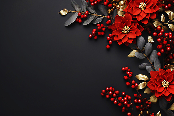 JPG 편집이미지 열매 잎 겨울 사람없음 빨간색 검은색 디지털합성 포인세티아 카피스페이스 편집실사 AI포토 AI콘텐츠 식물 계절 꽃 컬러 공백 CG 파일형식