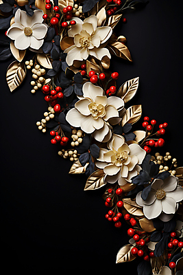 JPG 편집이미지 열매 백그라운드 잎 겨울 사람없음 검은색 흰색 디지털합성 포인세티아 편집실사 AI포토 AI콘텐츠 식물 계절 꽃 컬러 CG 파일형식