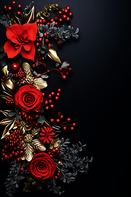 JPG 편집이미지 열매 잎 겨울 사람없음 빨간색 검은색 디지털합성 포인세티아 카피스페이스 편집실사 AI포토 AI콘텐츠 식물 계절 꽃 컬러 공백 CG 파일형식