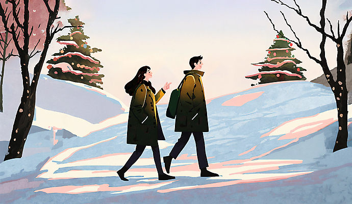 전신 PSD 나무 커플 여자 남자 크리스마스 겨울 데이트 일러스트 함께함 사랑 성인 두명 크리스마스트리 걷기 설원 눈 가리킴 주머니손 연애 감성 성인만 겨울풍경 눈덮임 국내일러스트 자연요소 식물 계절 기념일 감정 컨셉 관계 모션 날씨 눈_날씨 사람 풍경 손짓 파일형식