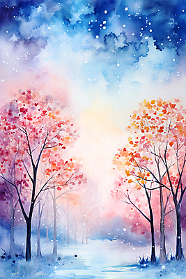 JPG 나무 포스터 백그라운드 겨울 일러스트 붓터치 추상 수채화 풍경 사람없음 컬러풀 눈 번짐 국내일러스트 AI일러스트 AI콘텐츠 자연요소 식물 계절 컬러 무늬 날씨 파일형식 효과