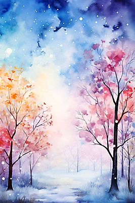 JPG 나무 포스터 백그라운드 겨울 일러스트 붓터치 추상 수채화 풍경 사람없음 컬러풀 눈 번짐 국내일러스트 AI일러스트 AI콘텐츠 자연요소 식물 계절 컬러 무늬 날씨 파일형식 효과