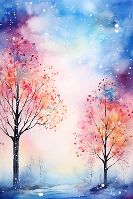 JPG 나무 포스터 백그라운드 겨울 일러스트 붓터치 추상 수채화 풍경 사람없음 컬러풀 눈 번짐 국내일러스트 AI일러스트 AI콘텐츠 자연요소 식물 계절 컬러 무늬 날씨 파일형식 효과