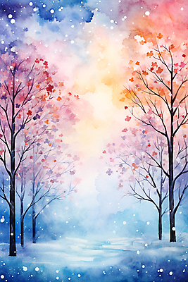 JPG 나무 포스터 백그라운드 겨울 일러스트 붓터치 추상 수채화 풍경 사람없음 컬러풀 눈 번짐 국내일러스트 AI일러스트 AI콘텐츠 자연요소 식물 계절 컬러 무늬 날씨 파일형식 효과