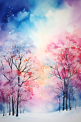 JPG 나무 포스터 백그라운드 겨울 일러스트 붓터치 추상 수채화 풍경 사람없음 컬러풀 눈 번짐 국내일러스트 AI일러스트 AI콘텐츠 자연요소 식물 계절 컬러 무늬 날씨 파일형식 효과
