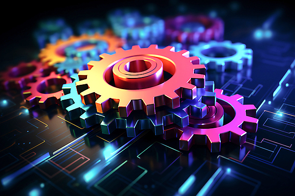 JPG 편집이미지 사람없음 컬러풀 금속 부속품 톱니바퀴 네온 편집실사 AI컴퓨터그래픽 AI콘텐츠 컬러 재질 CG 오브젝트 파일형식