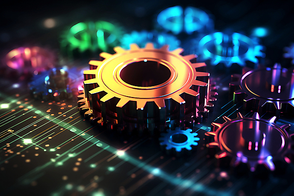 JPG 편집이미지 사람없음 컬러풀 금속 부속품 톱니바퀴 네온 블러효과 편집실사 AI컴퓨터그래픽 AI콘텐츠 컬러 재질 CG 오브젝트 블러 파일형식 효과