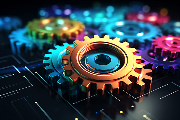 JPG 편집이미지 사람없음 컬러풀 금속 부속품 톱니바퀴 네온 블러효과 편집실사 AI컴퓨터그래픽 AI콘텐츠 컬러 재질 CG 오브젝트 블러 파일형식 효과