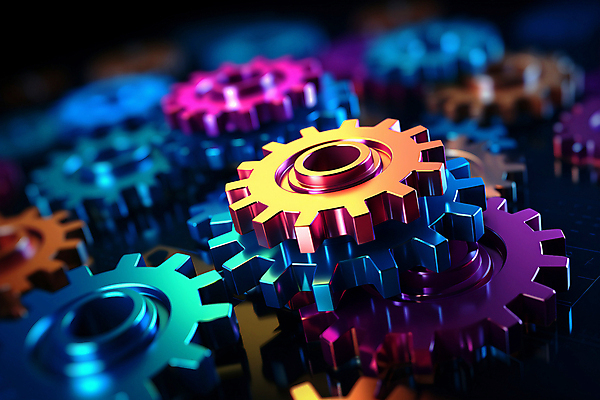 JPG 편집이미지 사람없음 컬러풀 금속 부속품 톱니바퀴 네온 블러효과 편집실사 AI컴퓨터그래픽 AI콘텐츠 컬러 재질 CG 오브젝트 블러 파일형식 효과