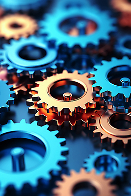 JPG 편집이미지 백그라운드 사람없음 파란색 금속 금색 부속품 톱니바퀴 네온 블러효과 편집실사 AI컴퓨터그래픽 AI콘텐츠 컬러 재질 CG 오브젝트 블러 파일형식 효과