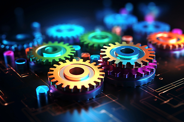 JPG 편집이미지 사람없음 컬러풀 금속 부속품 회로판 톱니바퀴 네온 전자회로 블러효과 편집실사 AI컴퓨터그래픽 AI콘텐츠 컬러 재질 CG 오브젝트 블러 파일형식 효과