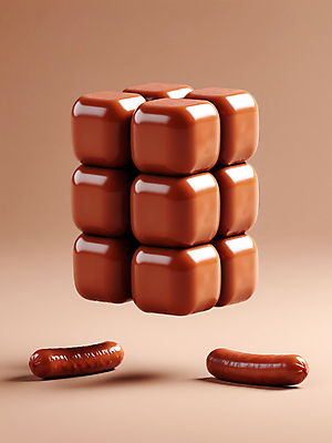 JPG 편집이미지 조각 식재료 사람없음 사각형 소시지 큐브 디지털합성 정사각형 광택 입체도형 편집소스 편집실사 AI컴퓨터그래픽 AI콘텐츠 도형 가공식품 입체 CG 파일형식