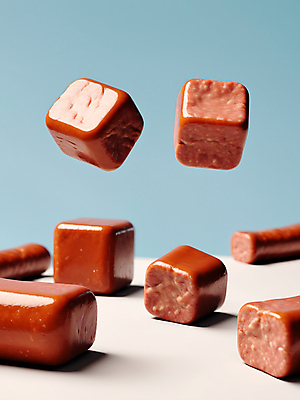 JPG 편집이미지 조각 식재료 사람없음 사각형 소시지 떨어짐 큐브 디지털합성 정사각형 입체도형 편집소스 편집실사 AI컴퓨터그래픽 AI콘텐츠 도형 컨셉 가공식품 입체 CG 파일형식