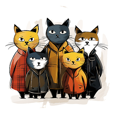 JPG 동물캐릭터 여러마리 일러스트 사람없음 고양이 모임 스케치 디지털합성 겨울옷 고양이캐릭터 편집소스 옹기종기 국내일러스트 일러캐릭터 AI일러스트 AI콘텐츠 동물 캐릭터 옷 다수 컨셉 겨울 포유류 미술 반려동물 파일형식