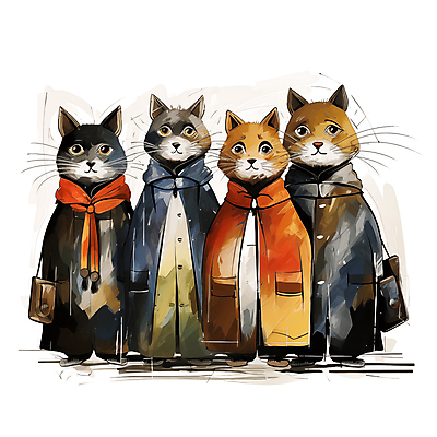 JPG 동물캐릭터 여러마리 일러스트 사람없음 고양이 모임 스케치 디지털합성 겨울옷 고양이캐릭터 편집소스 옹기종기 국내일러스트 일러캐릭터 AI일러스트 AI콘텐츠 동물 캐릭터 옷 다수 컨셉 겨울 포유류 미술 반려동물 파일형식