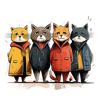 JPG 동물캐릭터 여러마리 일러스트 사람없음 고양이 모임 스케치 디지털합성 겨울옷 고양이캐릭터 편집소스 옹기종기 국내일러스트 일러캐릭터 AI일러스트 AI콘텐츠 동물 캐릭터 옷 다수 컨셉 겨울 포유류 미술 반려동물 파일형식