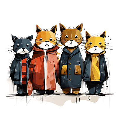 JPG 동물캐릭터 여러마리 일러스트 사람없음 고양이 모임 스케치 디지털합성 겨울옷 고양이캐릭터 편집소스 옹기종기 국내일러스트 일러캐릭터 AI일러스트 AI콘텐츠 동물 캐릭터 옷 다수 컨셉 겨울 포유류 미술 반려동물 파일형식