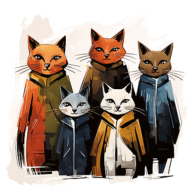 JPG 동물캐릭터 여러마리 일러스트 사람없음 고양이 모임 스케치 디지털합성 겨울옷 고양이캐릭터 편집소스 옹기종기 국내일러스트 일러캐릭터 AI일러스트 AI콘텐츠 동물 캐릭터 옷 다수 컨셉 겨울 포유류 미술 반려동물 파일형식