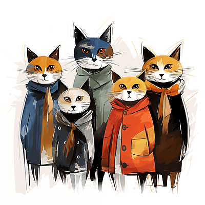 JPG 동물캐릭터 여러마리 일러스트 사람없음 고양이 모임 스케치 디지털합성 겨울옷 고양이캐릭터 편집소스 옹기종기 국내일러스트 일러캐릭터 AI일러스트 AI콘텐츠 동물 캐릭터 옷 다수 컨셉 겨울 포유류 미술 반려동물 파일형식