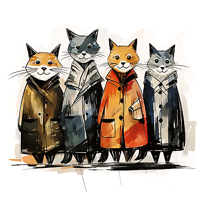 JPG 동물캐릭터 여러마리 일러스트 사람없음 고양이 모임 스케치 디지털합성 겨울옷 고양이캐릭터 편집소스 옹기종기 국내일러스트 일러캐릭터 AI일러스트 AI콘텐츠 동물 캐릭터 옷 다수 컨셉 겨울 포유류 미술 반려동물 파일형식