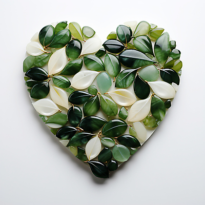 JPG 편집 편집이미지 잎 나뭇잎 사람없음 초록색 하트 도자기 풀 디지털합성 에코 친환경 광택 편집소스 편집실사 AI포토 AI콘텐츠 모양 식물 컬러 환경 CG 파일형식