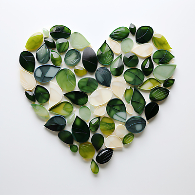 JPG 편집 편집이미지 잎 나뭇잎 사람없음 초록색 하트 도자기 풀 디지털합성 에코 친환경 광택 편집소스 편집실사 AI포토 AI콘텐츠 모양 식물 컬러 환경 CG 파일형식