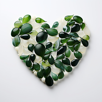 JPG 편집 편집이미지 잎 나뭇잎 사람없음 초록색 하트 도자기 풀 디지털합성 에코 친환경 광택 편집소스 편집실사 AI포토 AI콘텐츠 모양 식물 컬러 환경 CG 파일형식