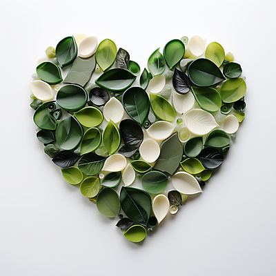 JPG 편집 편집이미지 잎 나뭇잎 사람없음 초록색 하트 도자기 풀 디지털합성 에코 친환경 광택 편집소스 편집실사 AI포토 AI콘텐츠 모양 식물 컬러 환경 CG 파일형식