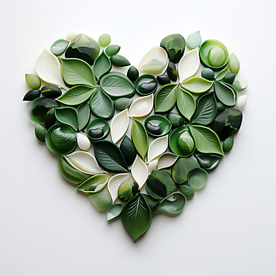 JPG 편집 편집이미지 잎 나뭇잎 사람없음 초록색 하트 도자기 풀 디지털합성 에코 친환경 광택 편집소스 편집실사 AI포토 AI콘텐츠 모양 식물 컬러 환경 CG 파일형식