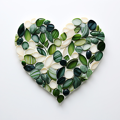 JPG 편집 편집이미지 잎 나뭇잎 사람없음 초록색 하트 도자기 풀 디지털합성 에코 친환경 광택 편집소스 편집실사 AI포토 AI콘텐츠 모양 식물 컬러 환경 CG 파일형식