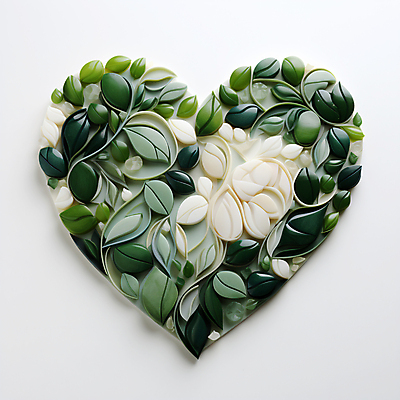 JPG 편집 편집이미지 잎 나뭇잎 사람없음 초록색 하트 도자기 풀 디지털합성 에코 친환경 광택 편집소스 편집실사 AI포토 AI콘텐츠 모양 식물 컬러 환경 CG 파일형식