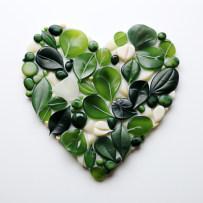 JPG 편집 편집이미지 잎 나뭇잎 사람없음 초록색 하트 도자기 풀 디지털합성 에코 친환경 광택 편집소스 편집실사 AI포토 AI콘텐츠 모양 식물 컬러 환경 CG 파일형식