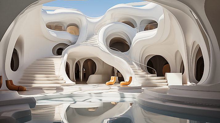 JPG 모양 편집 편집이미지 건축물 디자인 건축 추상 사람없음 계단 공간 흰색 디지털합성 기하학 굴곡 편집실사 AI포토 AI콘텐츠 컬러 무늬 CG 파일형식