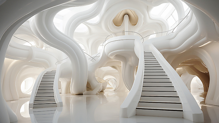 JPG 모양 편집 편집이미지 건축물 디자인 건축 추상 사람없음 계단 공간 흰색 디지털합성 기하학 굴곡 편집실사 AI포토 AI콘텐츠 컬러 무늬 CG 파일형식