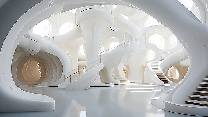 JPG 모양 편집 편집이미지 건축물 디자인 건축 추상 사람없음 계단 공간 흰색 디지털합성 기하학 굴곡 편집실사 AI포토 AI콘텐츠 컬러 무늬 CG 파일형식