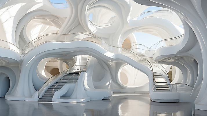 JPG 모양 편집 편집이미지 건축물 디자인 건축 추상 사람없음 계단 공간 흰색 디지털합성 기하학 굴곡 편집실사 AI포토 AI콘텐츠 컬러 무늬 CG 파일형식