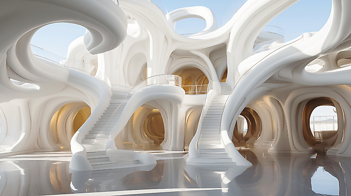 JPG 모양 편집 편집이미지 건축물 디자인 건축 추상 사람없음 계단 공간 흰색 디지털합성 기하학 굴곡 편집실사 AI포토 AI콘텐츠 컬러 무늬 CG 파일형식