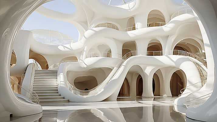 JPG 모양 편집 편집이미지 건축물 디자인 건축 추상 사람없음 계단 공간 흰색 디지털합성 기하학 굴곡 편집실사 AI포토 AI콘텐츠 컬러 무늬 CG 파일형식