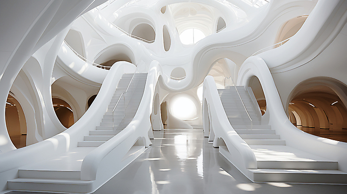 JPG 모양 편집 편집이미지 건축물 디자인 건축 추상 사람없음 계단 공간 흰색 디지털합성 기하학 굴곡 편집실사 AI포토 AI콘텐츠 컬러 무늬 CG 파일형식