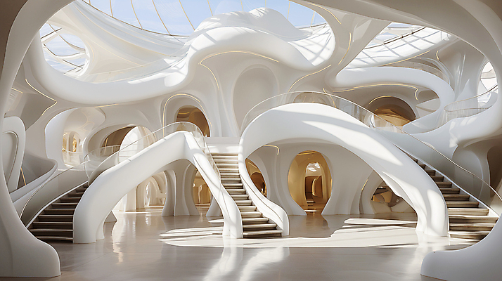 JPG 모양 편집 편집이미지 건축물 디자인 건축 추상 사람없음 계단 공간 흰색 디지털합성 기하학 굴곡 편집실사 AI포토 AI콘텐츠 컬러 무늬 CG 파일형식