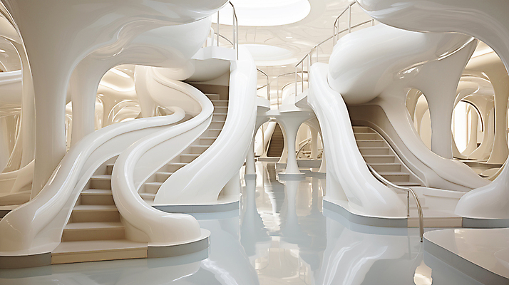 JPG 모양 편집 편집이미지 건축물 디자인 건축 추상 사람없음 계단 공간 흰색 디지털합성 기하학 굴곡 편집실사 AI포토 AI콘텐츠 컬러 무늬 CG 파일형식