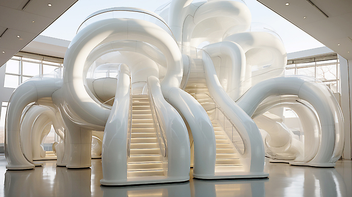 JPG 모양 편집 편집이미지 건축물 디자인 건축 추상 사람없음 계단 공간 흰색 디지털합성 기하학 굴곡 편집실사 AI포토 AI콘텐츠 컬러 무늬 CG 파일형식