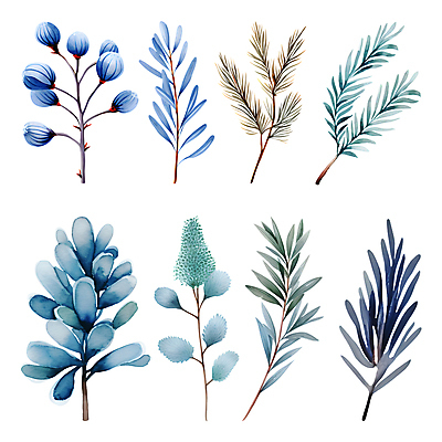 PSD 열매 잎 겨울 일러스트 나뭇잎 수채화 사람없음 파란색 세트 풀 풀잎 엘리먼트 보테니컬아트 국내일러스트 식물 계절 컬러 풀_식물 파일형식