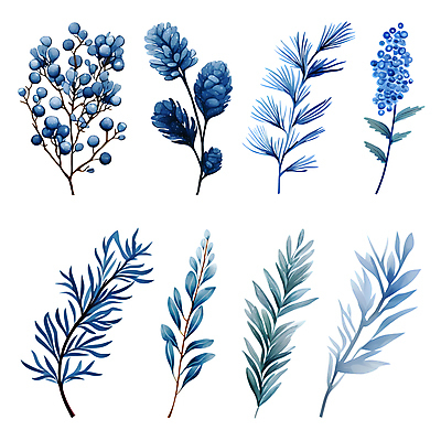 PSD 열매 잎 겨울 일러스트 나뭇잎 수채화 사람없음 파란색 세트 풀 풀잎 엘리먼트 보테니컬아트 국내일러스트 식물 계절 컬러 풀_식물 파일형식